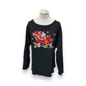 Quacker Factory Womens Christmas 2X Black Santa Sleigh Cozy Cotton Holiday Top